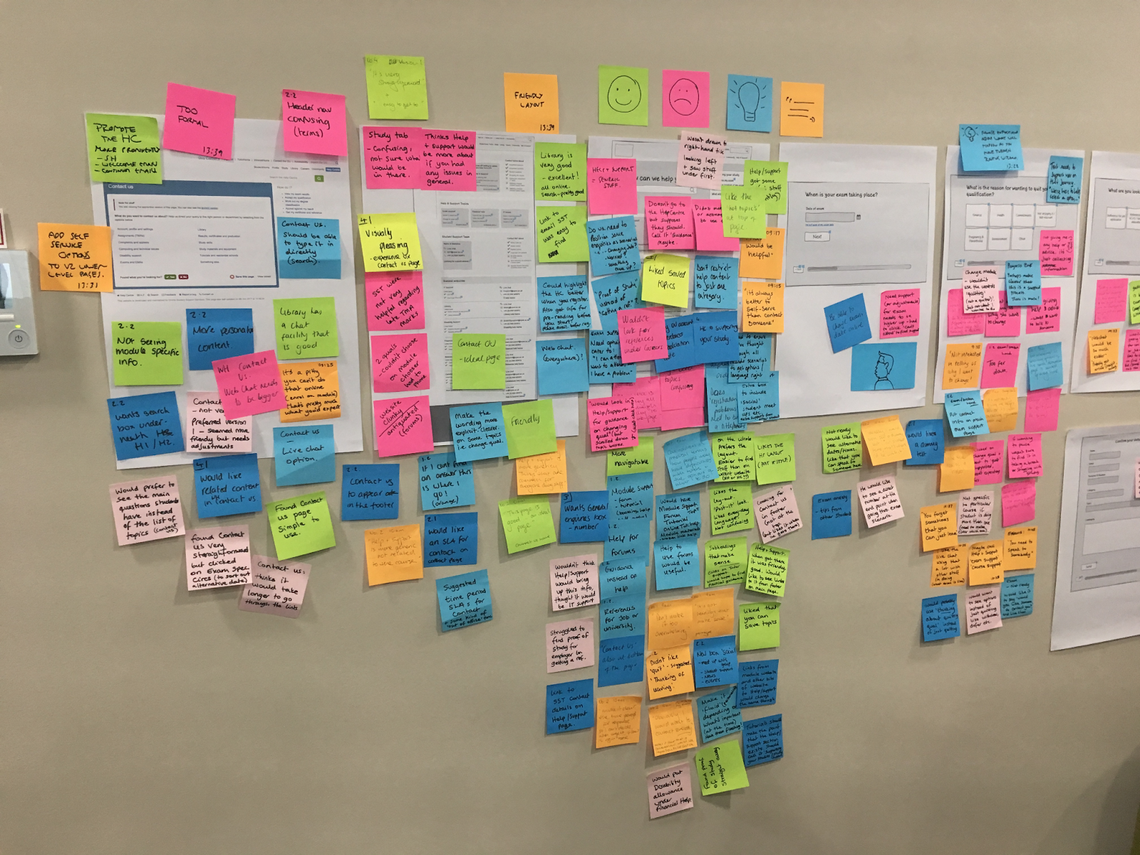 A wall of post it notes in various colours. Notes places upon lo-fi design printouts